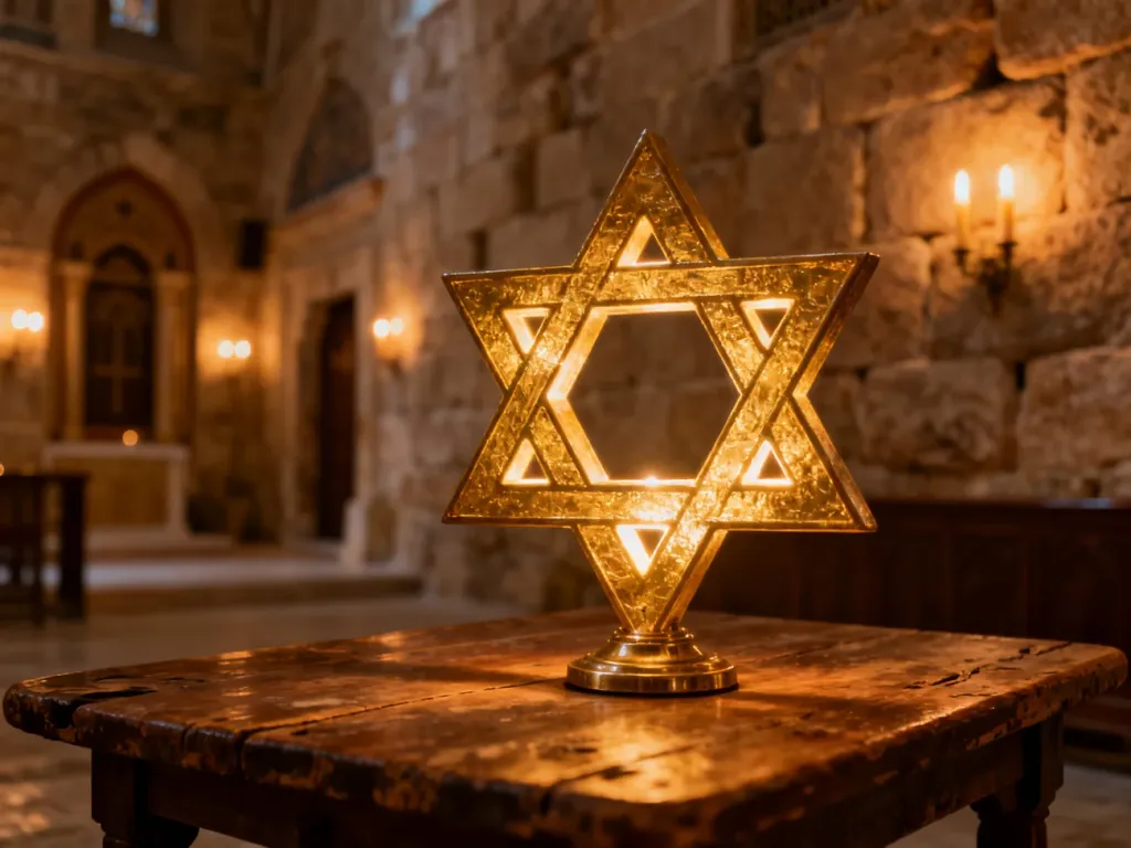 Złota Gwiazda Dawida na rustykalnym drewnianym stole w klimatycznym wnętrzu zabytkowej synagogi.