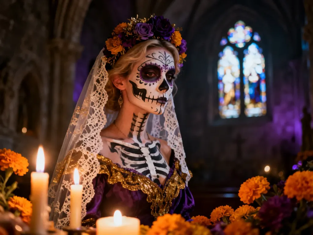 Kobieta w tradycyjnym meksykańskim stroju i makijażu stylizowanym na Santa Muerte, otoczona świecami oraz kwiatami w kaplicy.