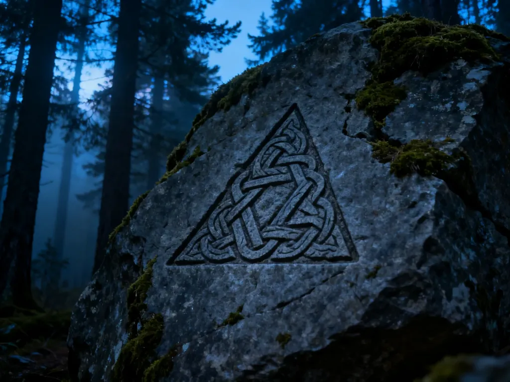 Starożytny symbol Valknut wyryty w kamieniu, otoczony mchem na tle mrocznego, skandynawskiego lasu w półmroku.