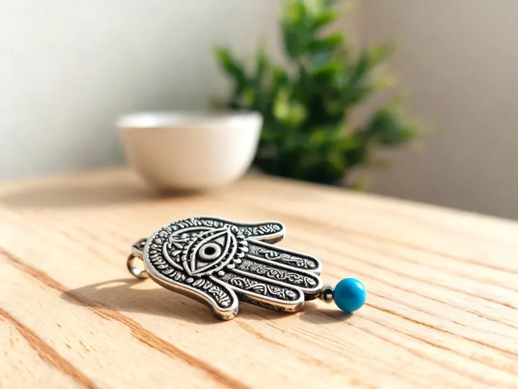 Srebrny amulet Hamsa z niebieskim koralikiem na drewnianym stole, w spokojnej, minimalistycznej aranżacji.