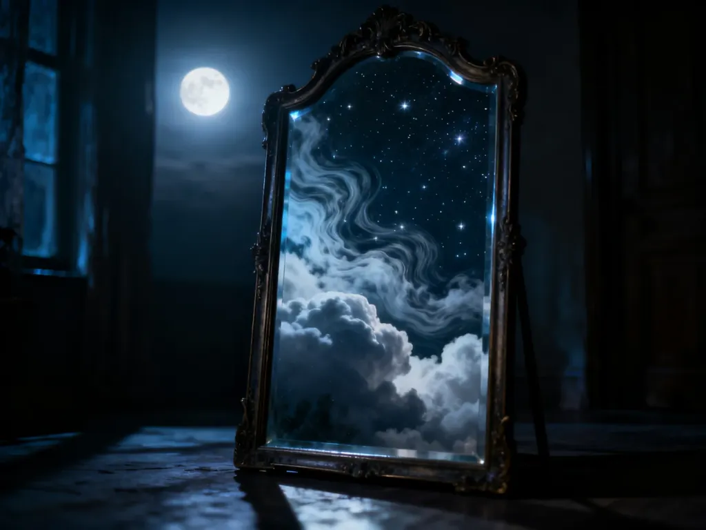 Ozdobne, zabytkowe lustro w mrocznym pokoju, w którego tafli odbija się surrealistyczny krajobraz nieba i gwiazd.