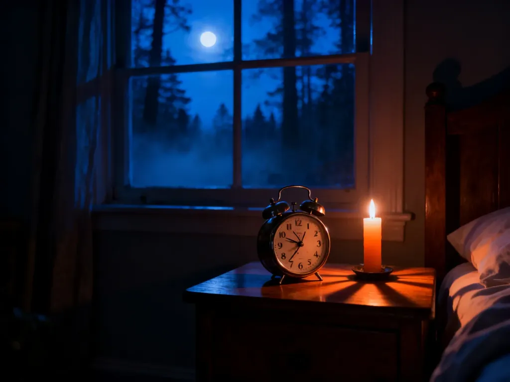 Mroczna sypialnia o godzinie 3:00 w nocy z budzikiem i migoczącą świecą na tle zamglonego, nocnego lasu.