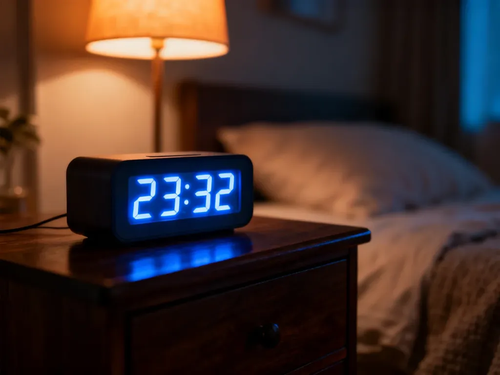 Cyfrowy zegar na nocnym stoliku wskazujący godzinę 23:32 w przytulnej, nastrojowej sypialni.