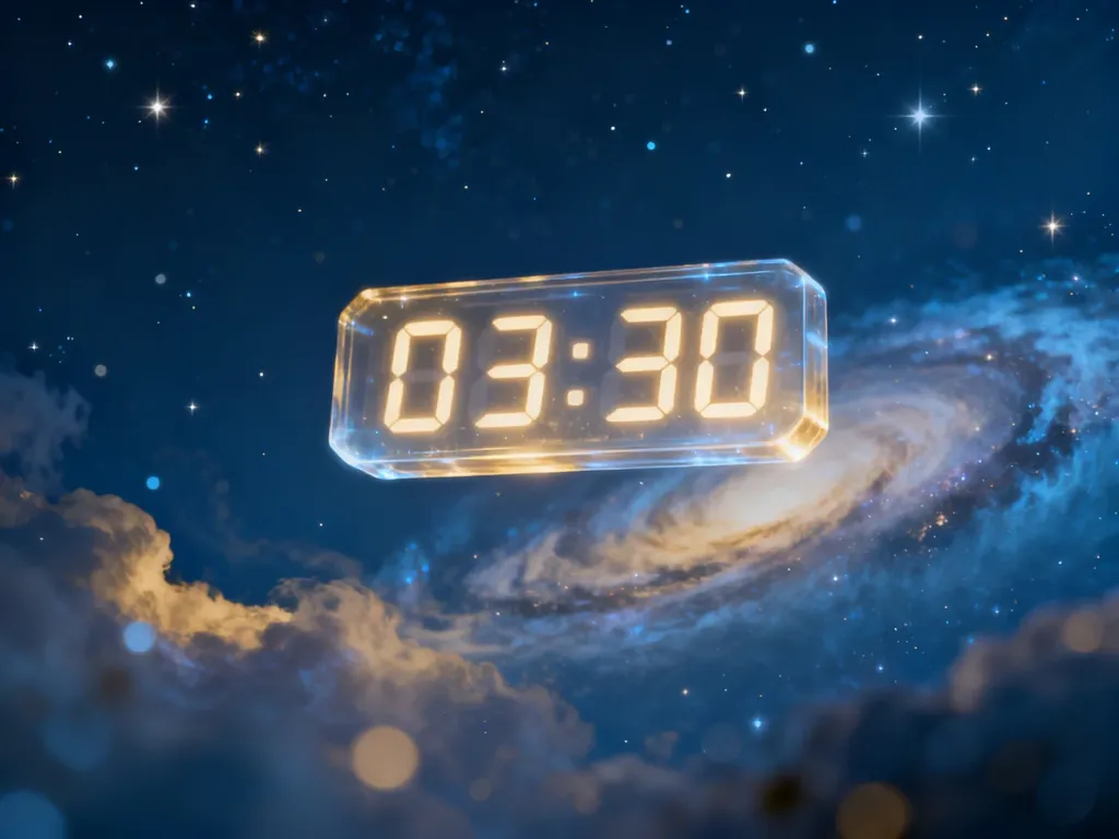 Cyfrowy zegar wyświetlający godzinę 03:30, zawieszony w eterycznej, gwiezdnej przestrzeni o mistycznym, niebieskim odcieniu.