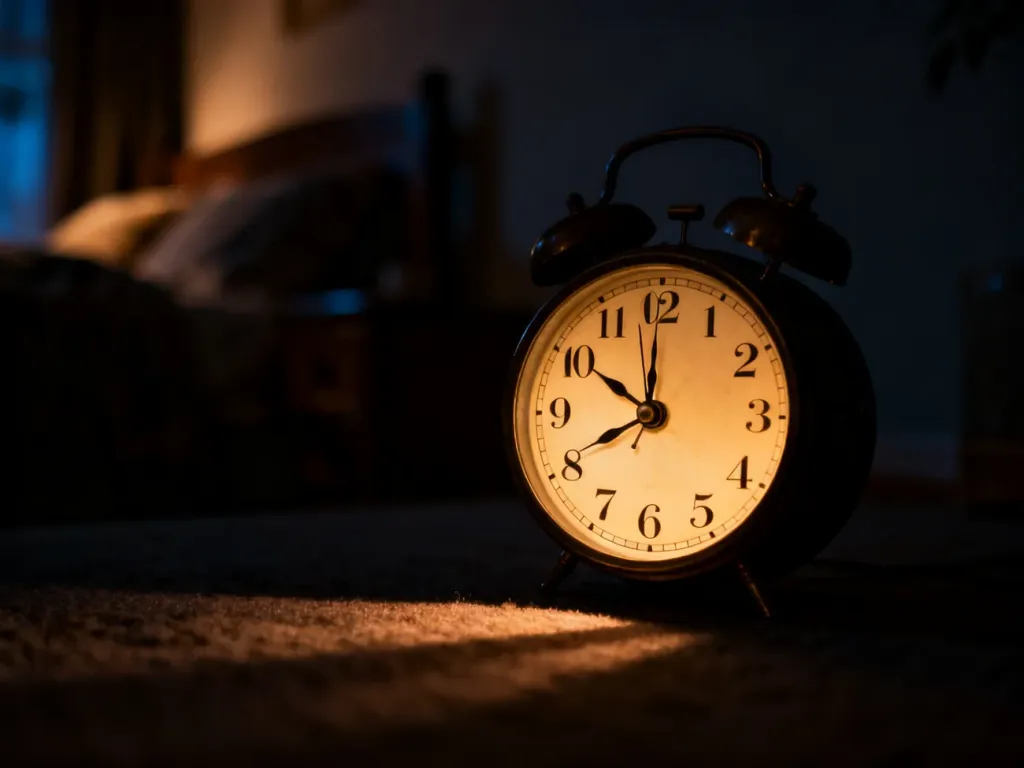 Klasyczny zegar ścienny wskazujący godzinę 02:20 w przytulnym, przyciemnionym pokoju.