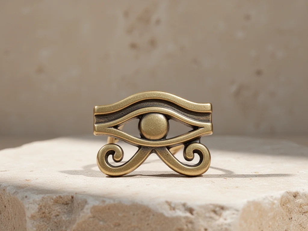 Minimalistyczny amulet Oka Horusa na jasnym kamieniu, w ciepłych beżowych tonach, symbol ochrony i duchowej równowagi.