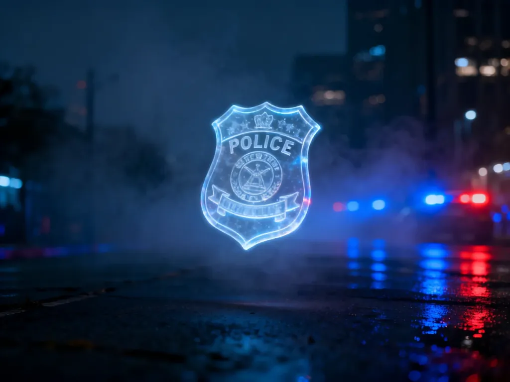 Surrealistyczna wizja odznaki policyjnej unoszącej się w nocnym, mglistym mieście, symbolizująca sen o policji.