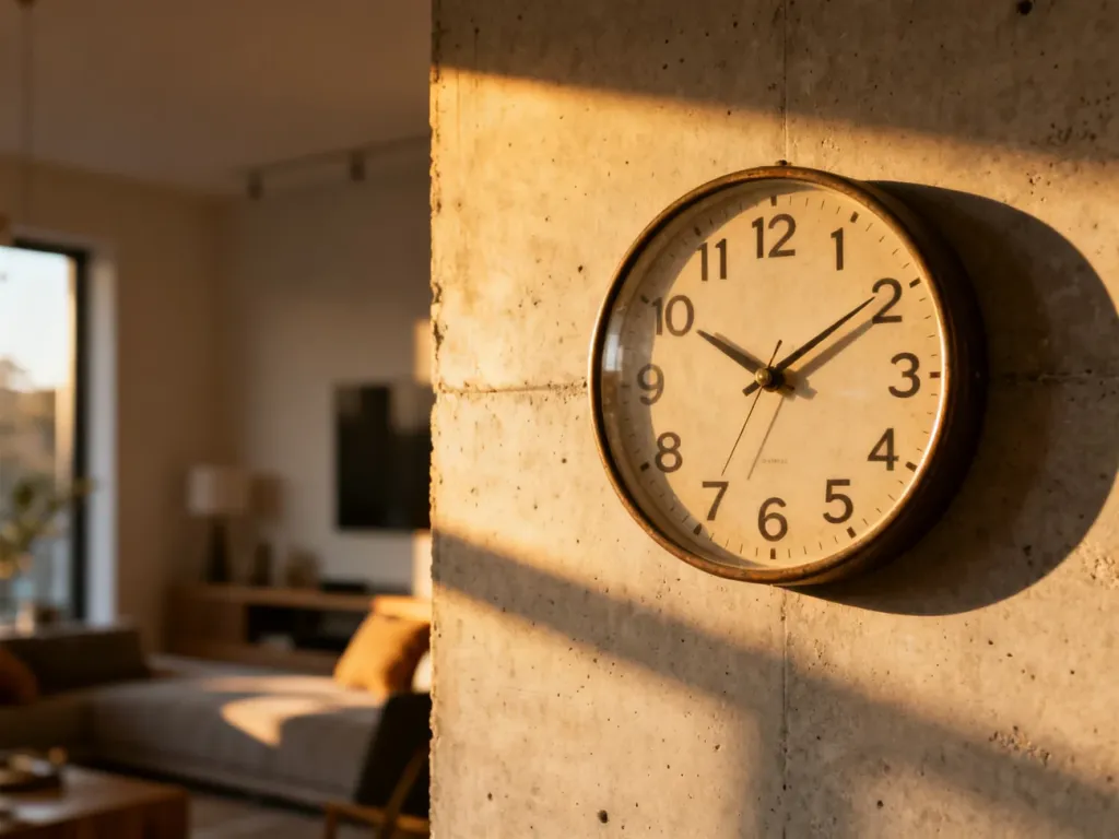 Zegar ścienny w stylu vintage wskazujący godzinę 12:21 na tle przytulnego, nowoczesnego wnętrza.