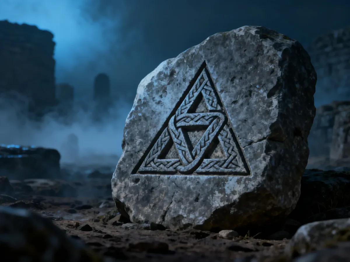 Valknut carved into a weathered Viking Age stone