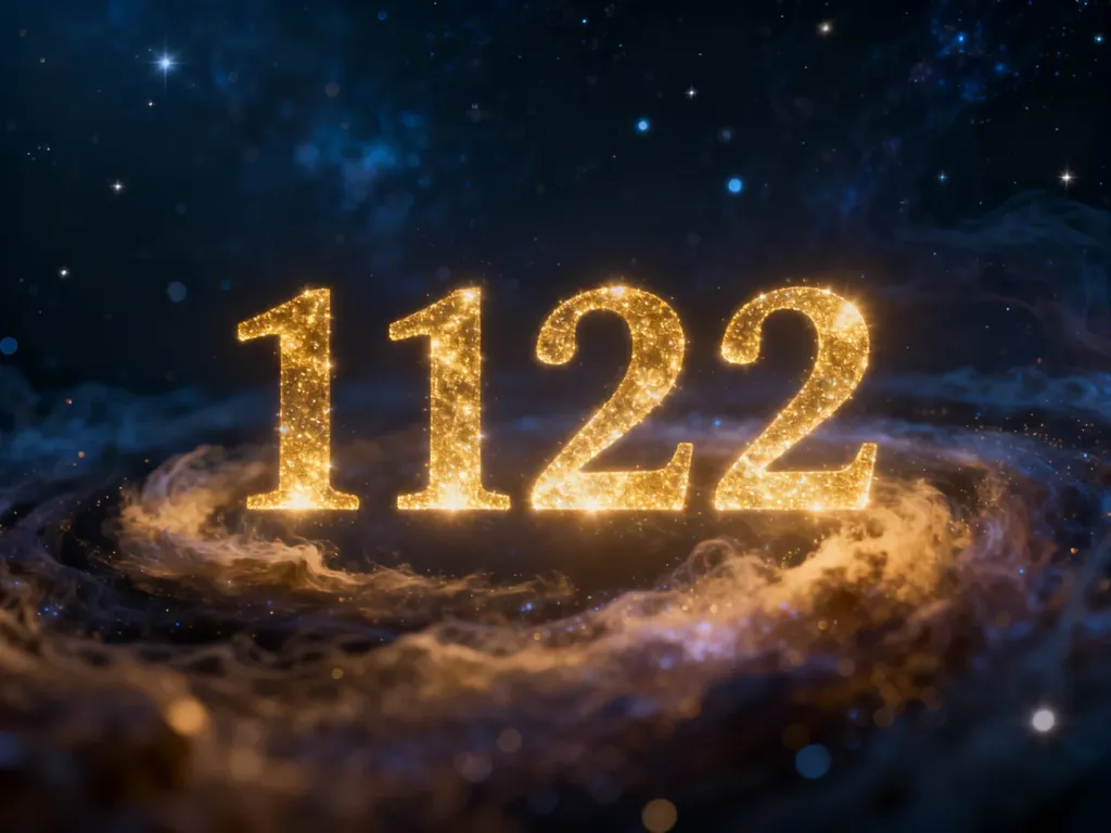 Mistyczna, złota liczba 1122 unosząca się w kosmicznej przestrzeni, symbolizująca duchowe znaczenie tej sekwencji.