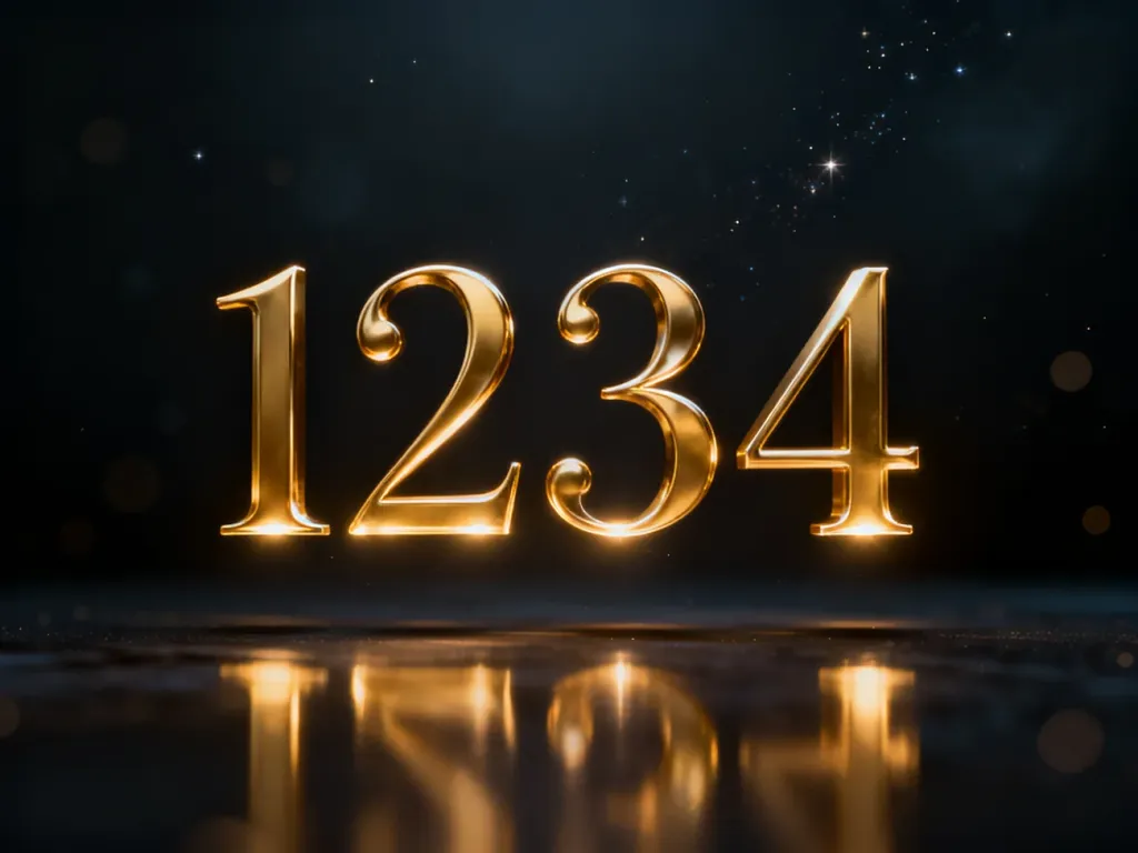Złote, świecące cyfry „1234” unoszące się w ciemnej, gwieździstej przestrzeni, symbolizujące sekwencję i porządek.
