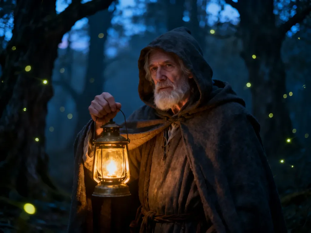 Starszy mężczyzna w kapturze trzymający świecącą latarnię w mrocznym lesie, symbolizujący kartę Pustelnika w tarocie.