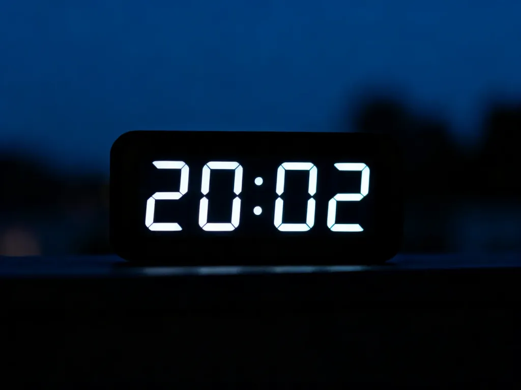 Cyfrowy zegar w ciemności wyświetlający godzinę 20:02 w minimalistycznym, nastrojowym stylu.