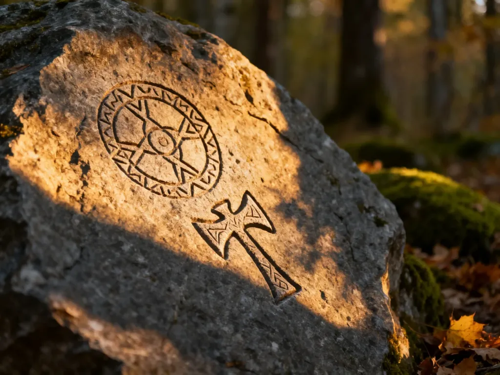 Starożytne słowiańskie symbole, takie jak Kołowrat i topór Peruna, wyryte w skale w otoczeniu jesiennego lasu.