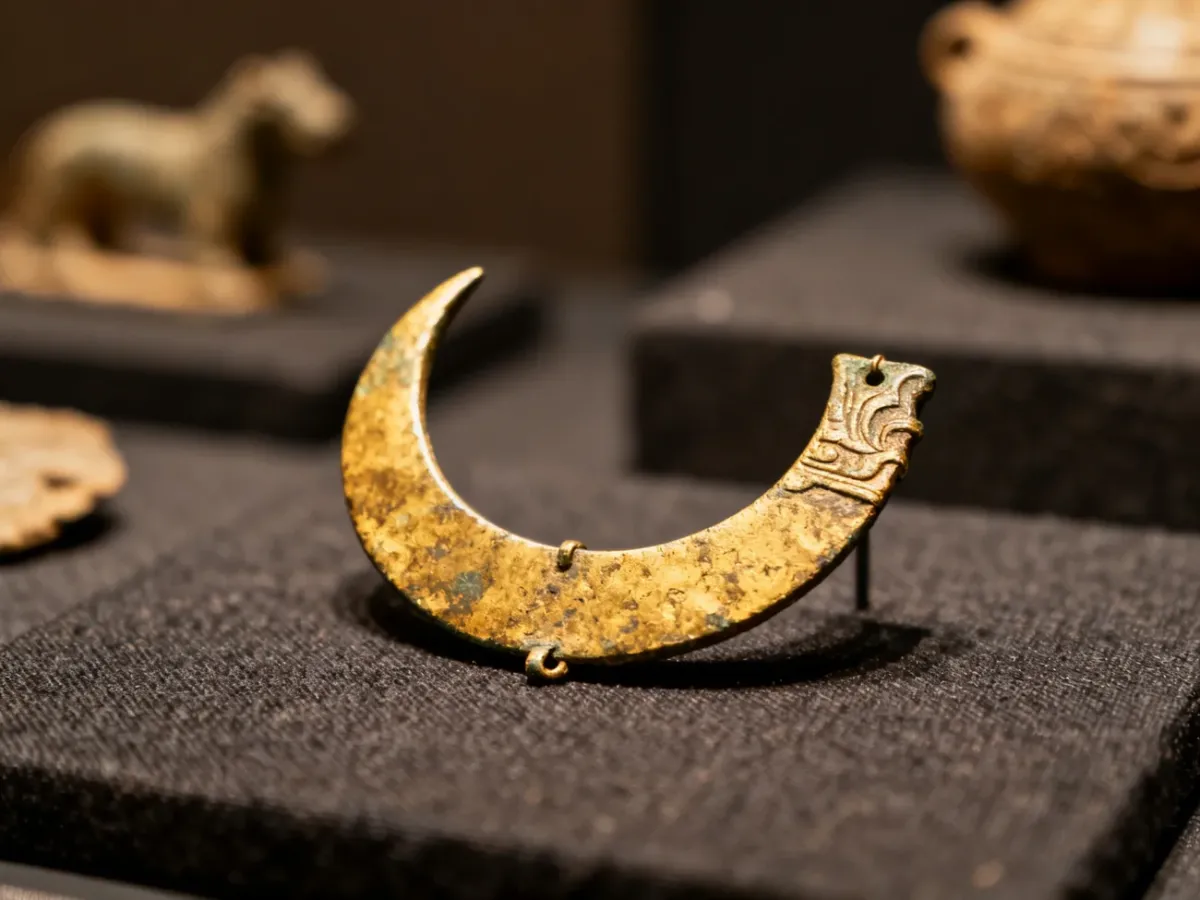 Brązowa lunula w kształcie półksiężyca na tle archeologicznych zabytków