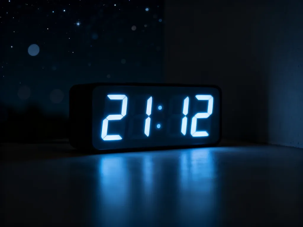 Cyfrowy zegar wyświetlający godzinę 21:12, emitujący delikatne niebieskie światło na ciemnym, nastrojowym tle.