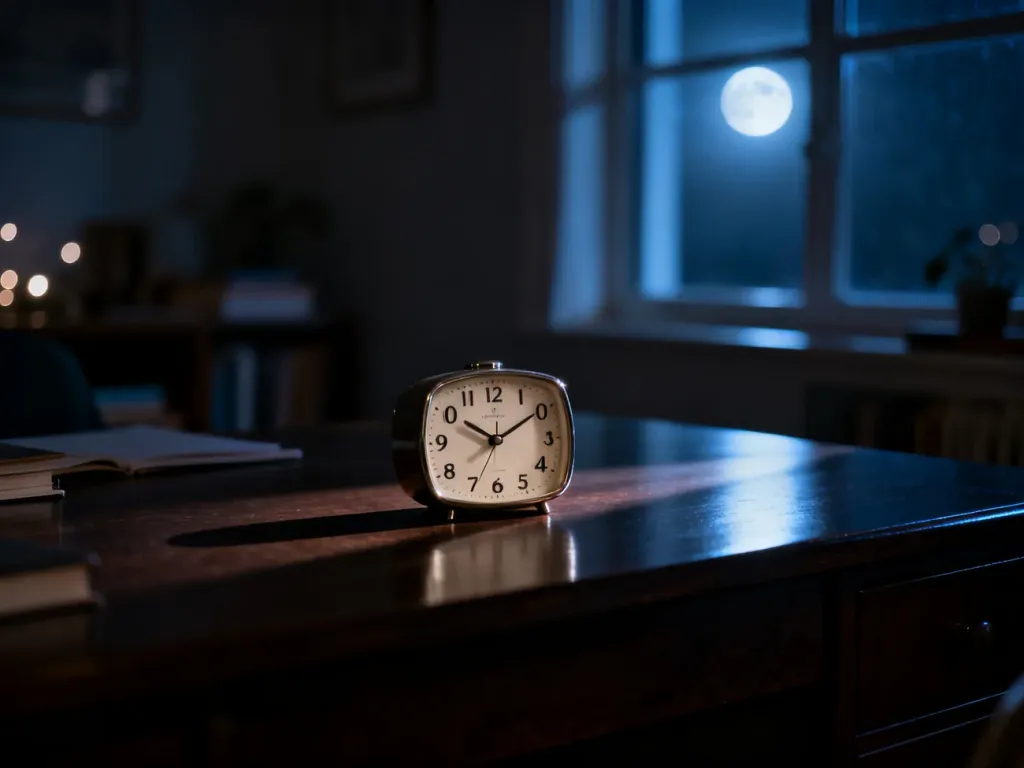 Zegar analogowy na drewnianym biurku wskazujący godzinę 04:40 w nastrojowym, przytulnym wnętrzu oświetlonym światłem księżyca.