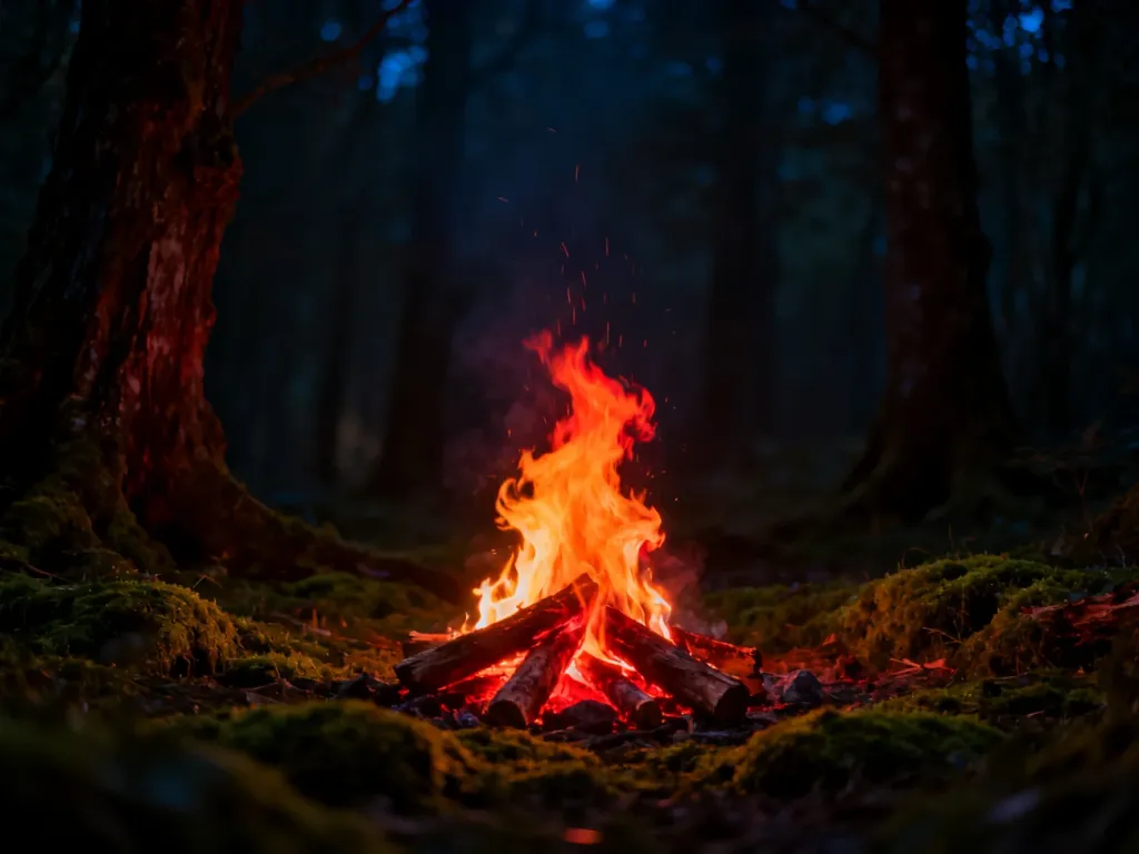 Płonące ognisko w mrocznym lesie, symbolizujące tajemniczą i senną atmosferę nocnego ognia.