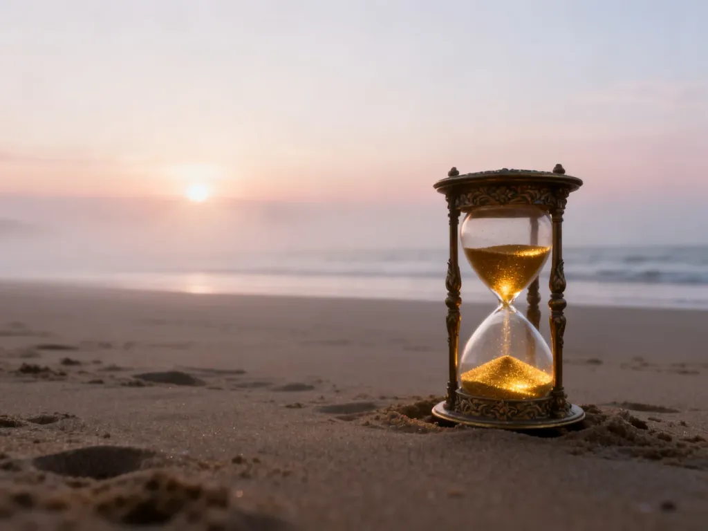 Surrealistyczna plaża o świcie z klepsydrą na piasku, symbolizująca upływ czasu w kontekście sennych marzeń.
